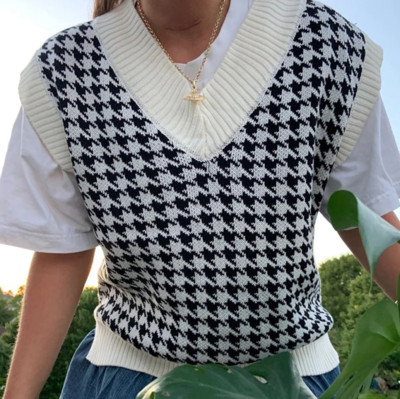 Free Shipping-OVERSIZED HOUNDSTOOTH KNIT SWEATER VEST