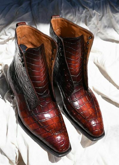 Handmade Men Brown Alligator Texture Leather High Ankle Boots, Leather Boots
