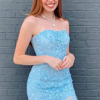 Sexy bodycon strapless short blue lace tight homecoming dresses - Thumbnail 3