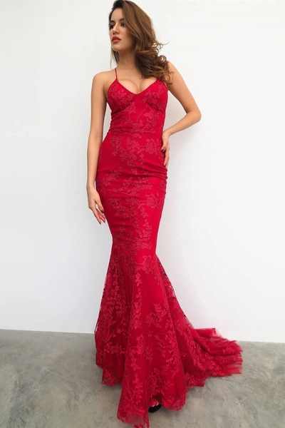 Mermaid Lace-Up Back Red Long Evening Dress with Lace Appliques
