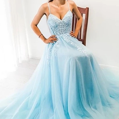 Blue a-line spaghetti strap long prom dress with appliques - Thumbnail 4