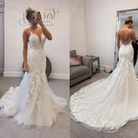 Modern Sexy Mermaid V Neck Spaghetti Straps Lace Wedding Dresses with Train - Thumbnail 1