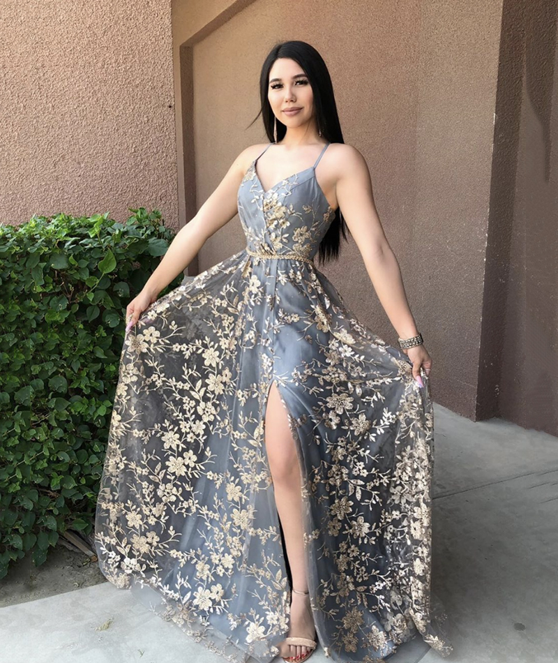 Gray v neck tulle long prom dress evening dress