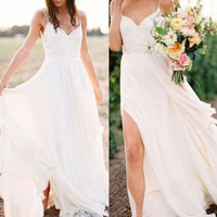 Simple A Line V Neck Spaghetti Straps White Chiffon Long Wedding Dresses with Split - Thumbnail 2