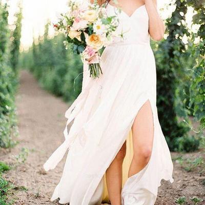 Simple a line v neck spaghetti straps white chiffon long wedding dresses with split - Thumbnail 3