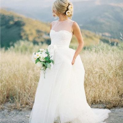 Elegant simple ball gown round neck lace & tulle wedding dresses, split wedding gowns - Thumbnail 2