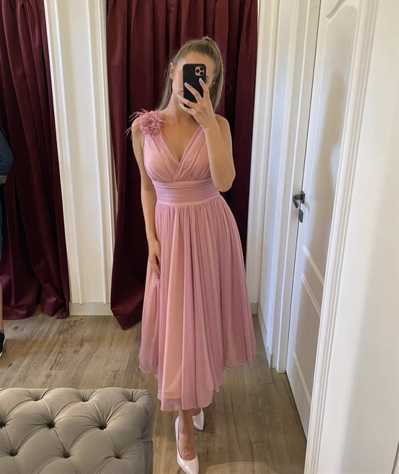 Pink v neck tulle short prom dress party dress