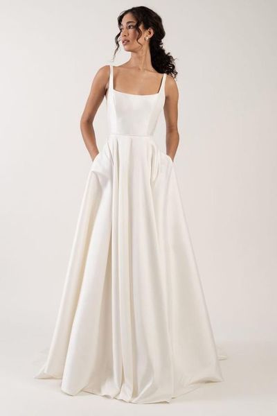 Simple A-Line Square Neck Open Back Satin Wedding Dresses