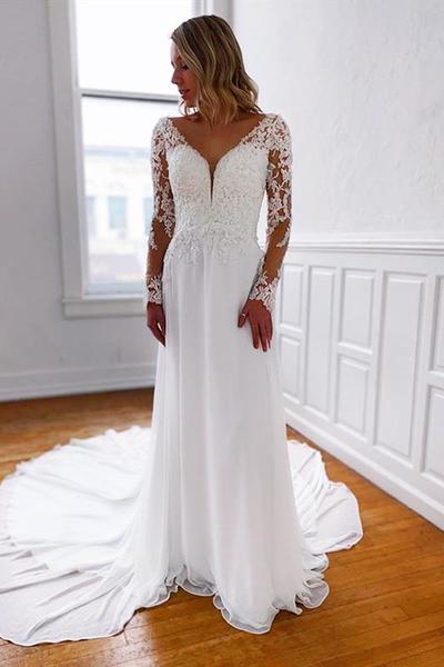 Elegant A Line V Neck Long Sleeves White Chiffon Long Wedding Dresses with Beading