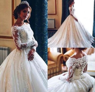 Bateau Ball Gown Wedding Dresses Bridal Gown with Full Sleeves