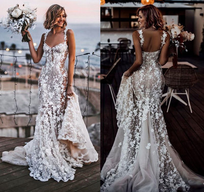 Straps Wedding Dresses Bridal Gown with 3D Flowers