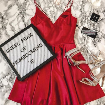 Fashion cute a line v neck red satin short homecoming dresses under 100 - Thumbnail 2