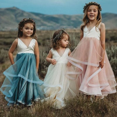 A line v neck tulle & satin flower girl dress - Thumbnail 2