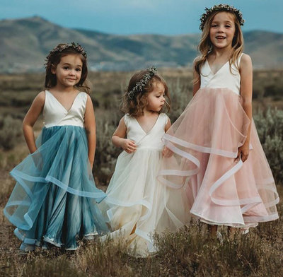 A Line V Neck Tulle & Satin Flower Girl Dress