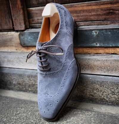 Classic Handmade Brogues Collection Oxfords Grey Wingtip Men's Lace Up Suede Formal Shoes
