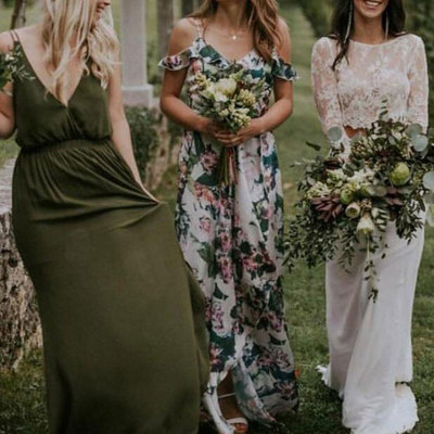 Dark olive green deep v neck bridesmaid dresses - Thumbnail 2