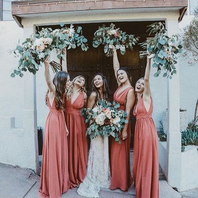 Simple v neck coral chiffon long bridesmaid dresses - Thumbnail 2