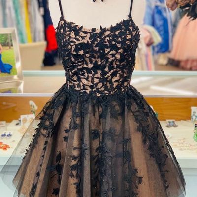 Cute a line sweetheart black appliques champagne tulle homecoming dresses with beading - Thumbnail 2