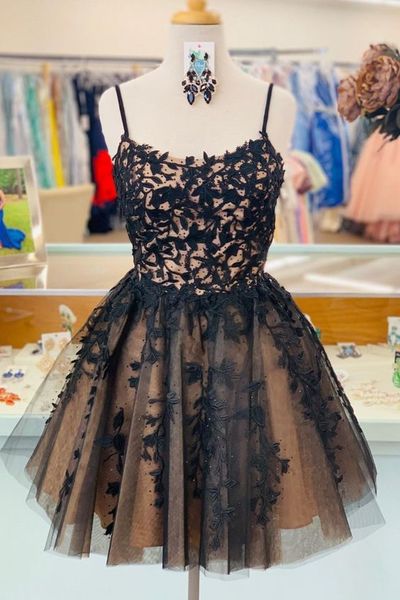 Cute A Line Sweetheart Black Appliques Champagne Tulle Homecoming Dresses with Beading