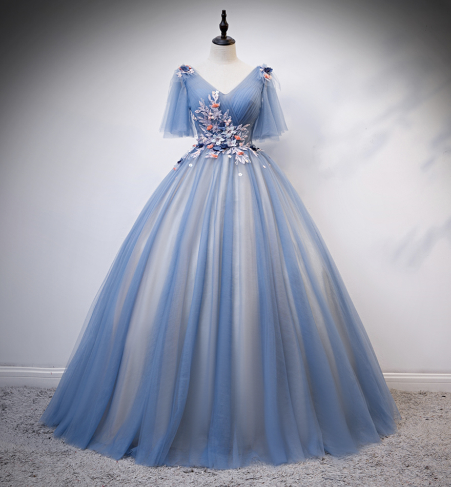 Blue v neck tulle long prom gown formal dress