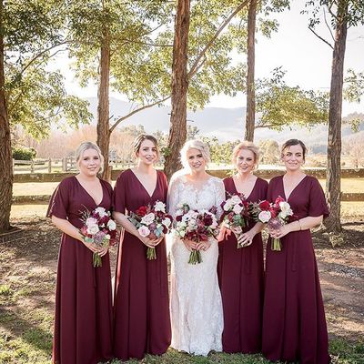Elegant a line v neck bat sleeves burgundy chiffon bridesmaid dresses - Thumbnail 4