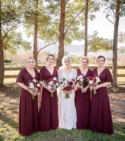 Elegant A Line V Neck Bat Sleeves Burgundy Chiffon Bridesmaid Dresses