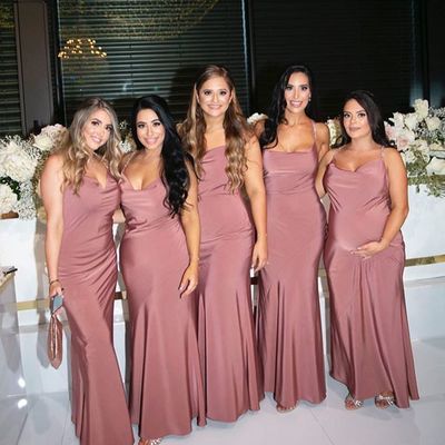 Chic elegant sheath cowl neck spaghetti straps soft satin blush bridesmaid dresses - Thumbnail 2