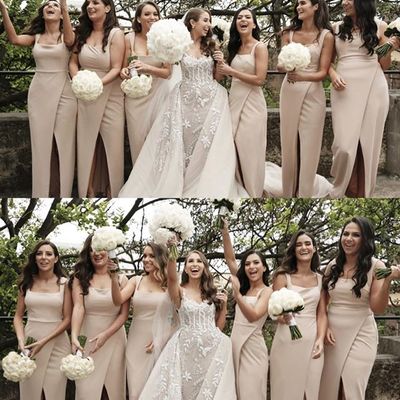 Sheath scoop neck split ivory satin bridesmaid dresses - Thumbnail 3