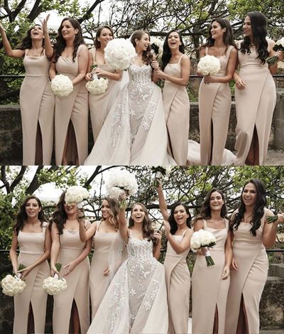 Sheath Scoop Neck Split Ivory Satin Bridesmaid Dresses