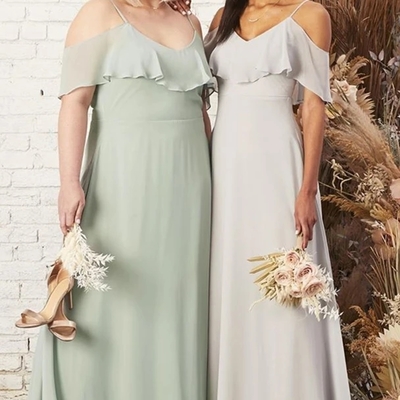 Simple a-line off the shoulder sage chiffon long bridesmaid dresses under 100 - Thumbnail 2