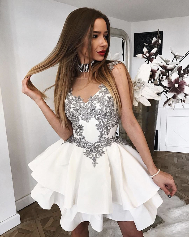 Cute lace short prom dress white evening dress