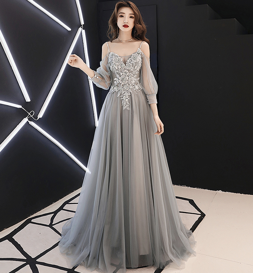 Gray tulle lace long A line prom dress evening dress