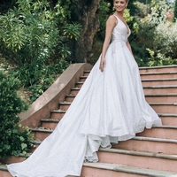 Sparkly Ball Gown V Neck White Sequins Wedding Dresses - Thumbnail 1