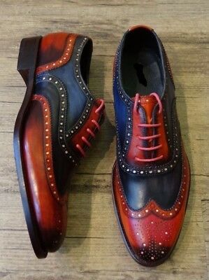 Men's Handmade Two Tone Wing Tip Leather Lace Up Dress Shoes