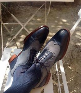 Men's Handmade Two Tone Wing Tip Leather Lace Up Dress Shoes