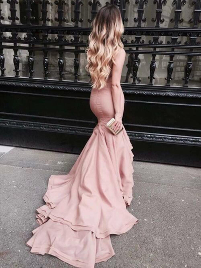 SP1095,Light Pink Prom Dresses Mermaid Strapless Satin Bodycon Evening Gowns With Court Train Tight Long Special Occasions Dress