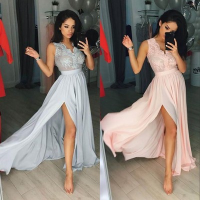 SP1119,Elegant Grey V-neck Sleeveless Split Front Formal Prom Party Dress with Appliques