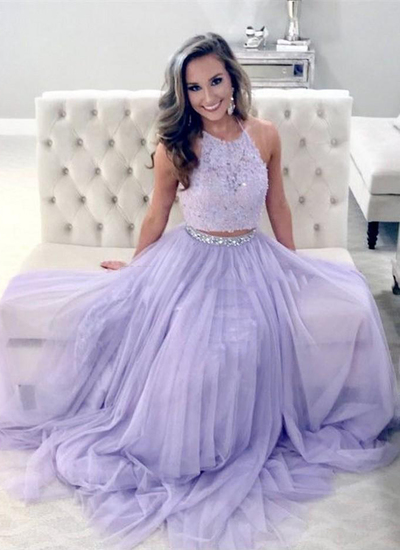SP1134,Elegant Prom Dresses,Lavender Prom Dress,Two Piece Prom Dresses,Halter Prom Gown,Lace Prom Dress,Beading Evening Dress
