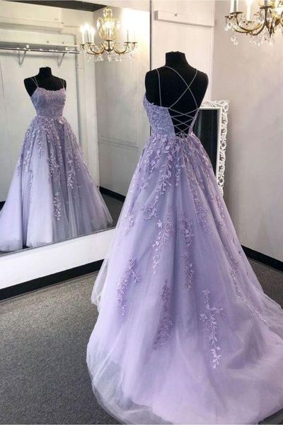 SP1144,Charming Lavender A-line Prom Dresses Applique Lace UP Back Evening Party Gown