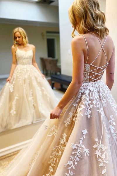 SP1145,Light Champagne Tulle Prom Dresses with Applique Beaded,Lace Up Back Party Dress