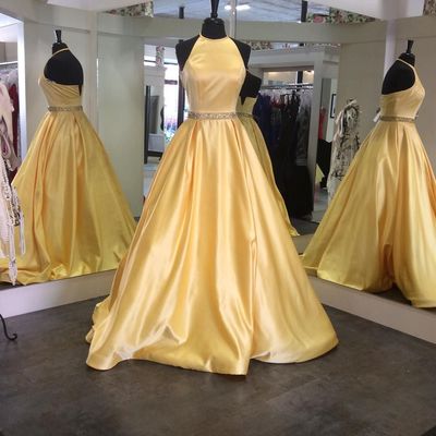 SP1147,Simple A-line Hater Yellow Long Prom Dress,Beaded Waist Graduation Dress