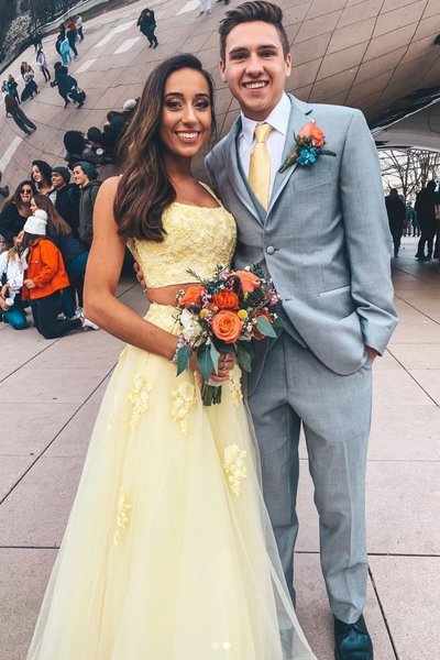 SP1148,Two Piece Square Neck Yellow Prom Dresses with Appliques