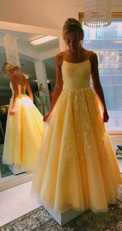 SP1146,Fancy Spaghetti Straps Long Grils Yellow Graduation Senior Lace Prom Dresses 2020