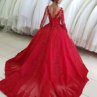 Red Prom Dresses Quinceanera Gown with Sleeves - Thumbnail 1