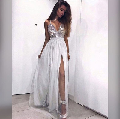 Spaghetti Straps Split Side Prom Dresses with Silver Sequins