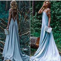 Bohemian Sexy Pearl Back Dusty Blue Long Wedding/Holiday Dresses - Thumbnail 1