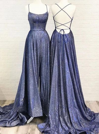 SP1165,Simple Blue Satin Sweep Train Backless Lace Up Prom Dress,Evening Dress