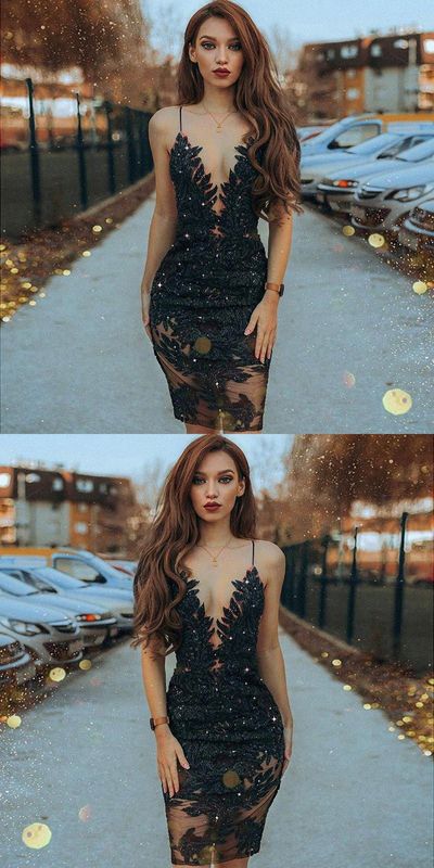 SP1183,Sheath Spaghetti Straps Black Beaded Short Prom Dress With Lace
