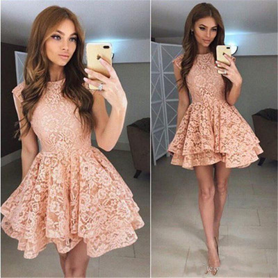 SP1187,Blush Lace Homecoming Dresses,Layered Cap Sleeves Homecoming Dress