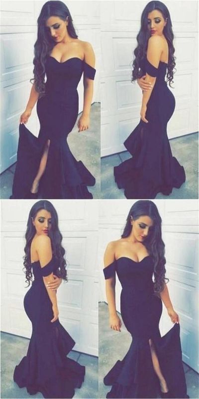 SP1196,Classic Off Shoulder Mermaid Prom Dresses Navy Blue Long Evening Dress